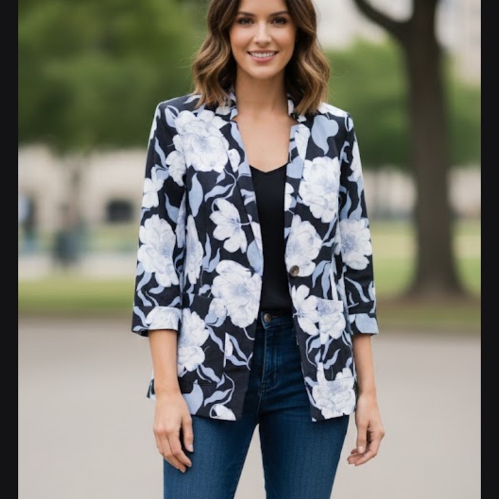 Ellen Tracy Black and White Floral Blazer